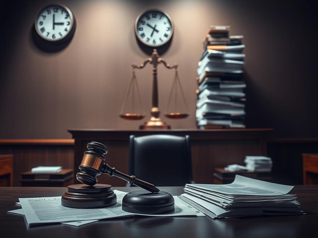 Flick International A dramatic courtroom scene depicting an empty judge's bench with a gavel on a wooden desk, symbolizing justice.