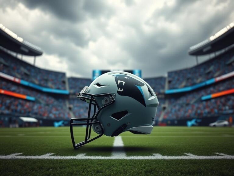 Flick International Dramatic football scene with Carolina Panthers helmet in foreground
