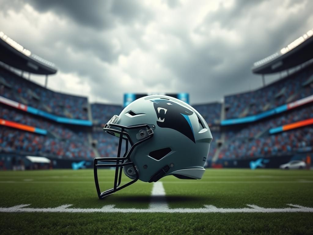 Flick International Dramatic football scene with Carolina Panthers helmet in foreground