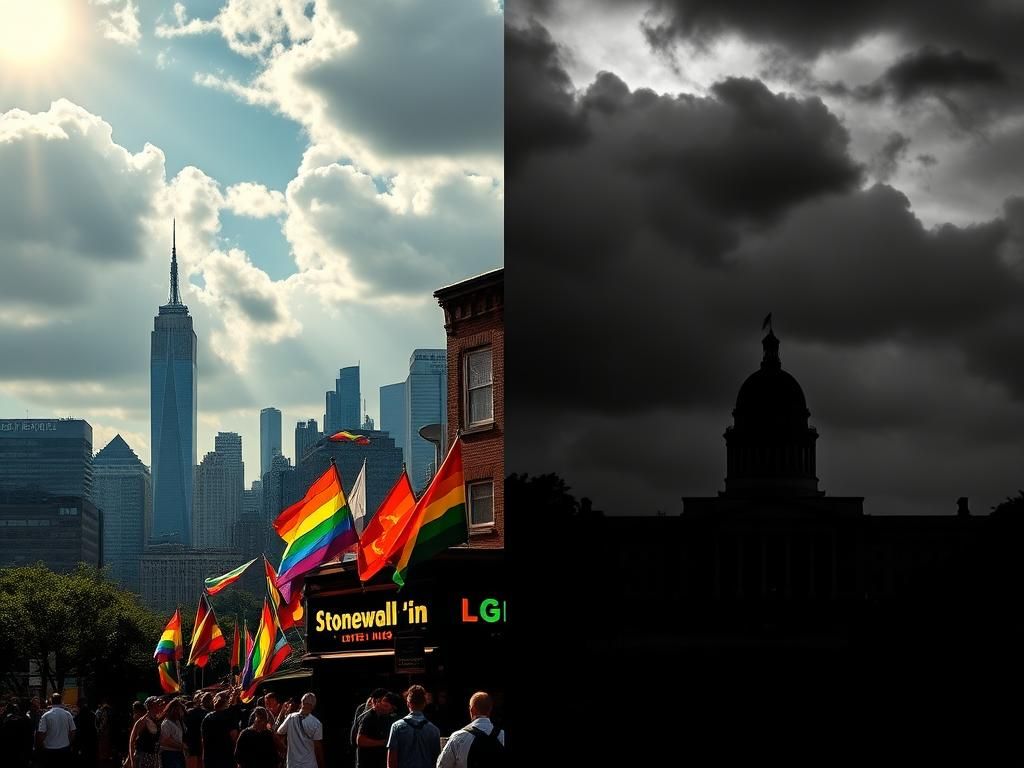 Flick International A vibrant New York City skyline juxtaposed with a shadowy Ugandan landscape, illustrating the contrast between LGBTQ rights advocacy and repression.