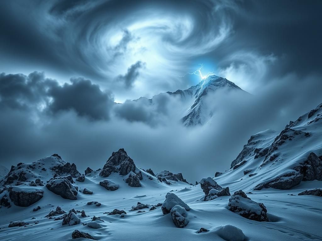Flick International Dramatic view of Mera Peak during a severe snowstorm in the Himalayas