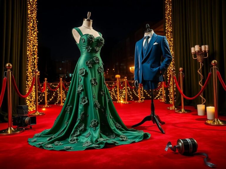 Flick International Elegant green dress displayed on a mannequin at a glamorous red carpet event.
