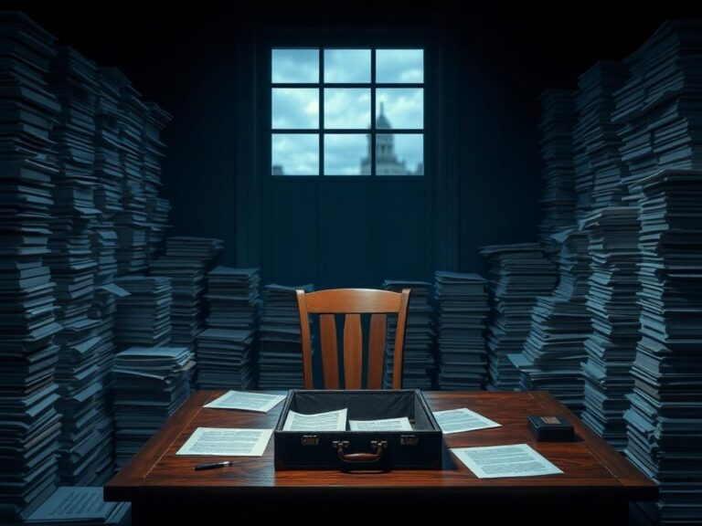 Flick International dimly lit room with stacks of documents symbolizing the investigation into Jeffrey Epstein