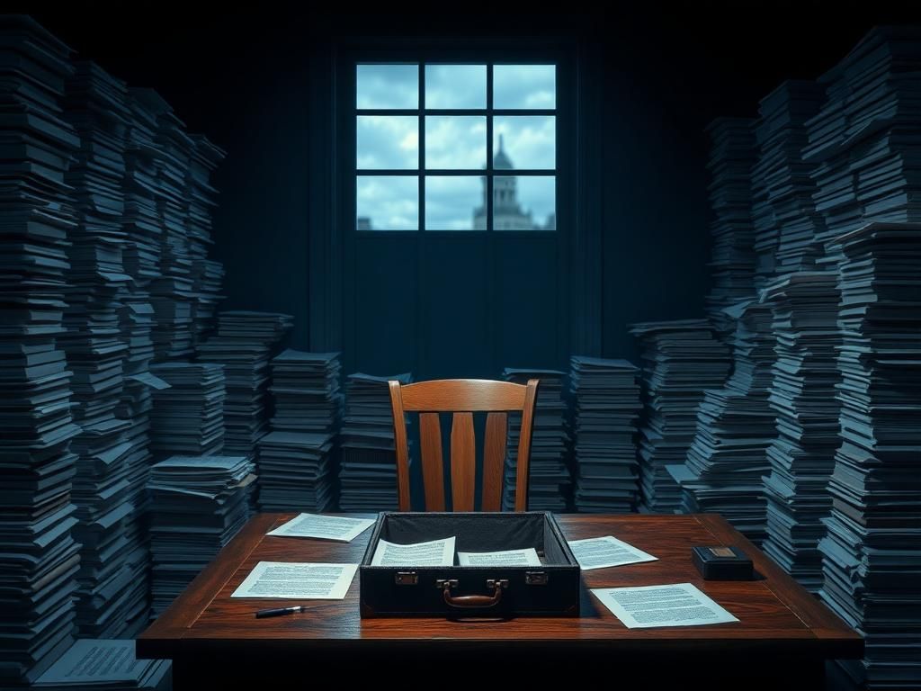 Flick International dimly lit room with stacks of documents symbolizing the investigation into Jeffrey Epstein