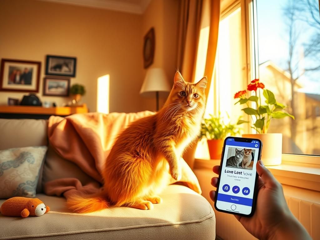 Flick International Bright orange Maine Coon cat Louie perched on a sunny windowsill in a cozy living room.