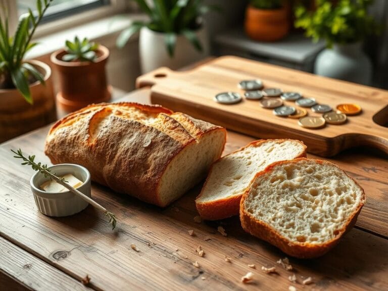 Flick International A rustic kitchen setting with a freshly sliced loaf of bread, butter, and coins from a shipwreck