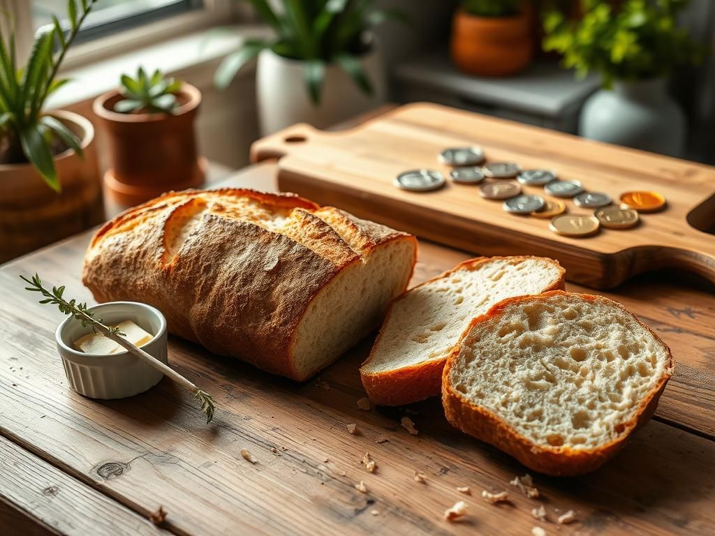 Flick International A rustic kitchen setting with a freshly sliced loaf of bread, butter, and coins from a shipwreck