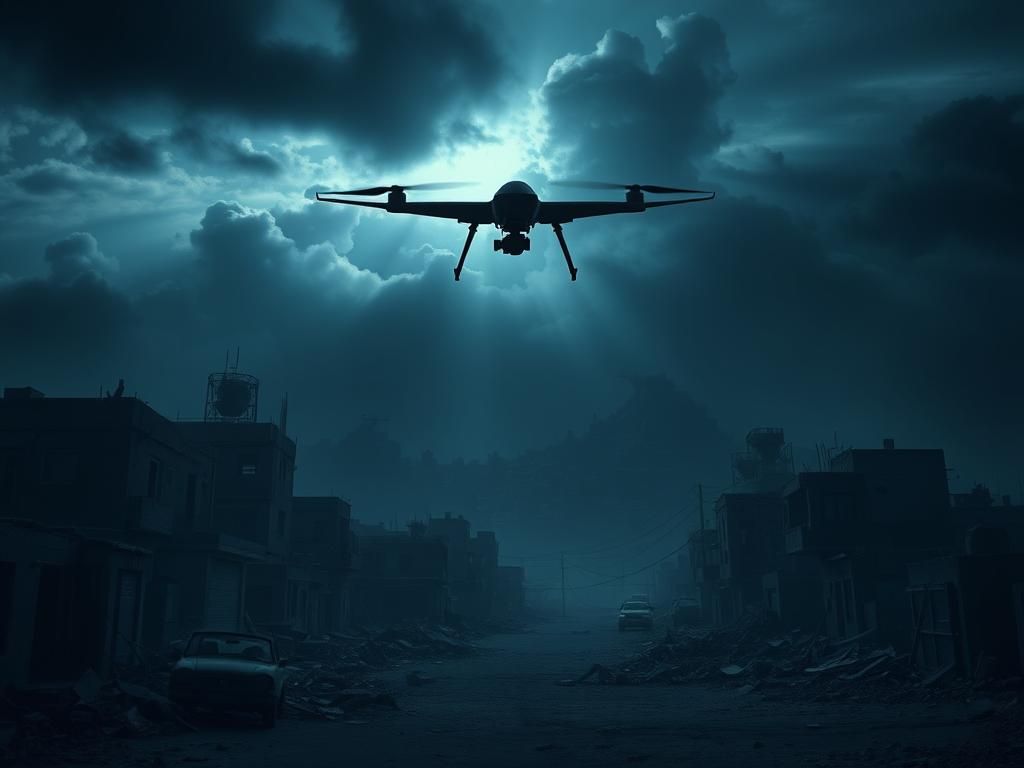 Flick International A high-tech drone hovers over a deserted urban area in Gaza, symbolizing a covert operation aimed at targeting Hamas terrorists.