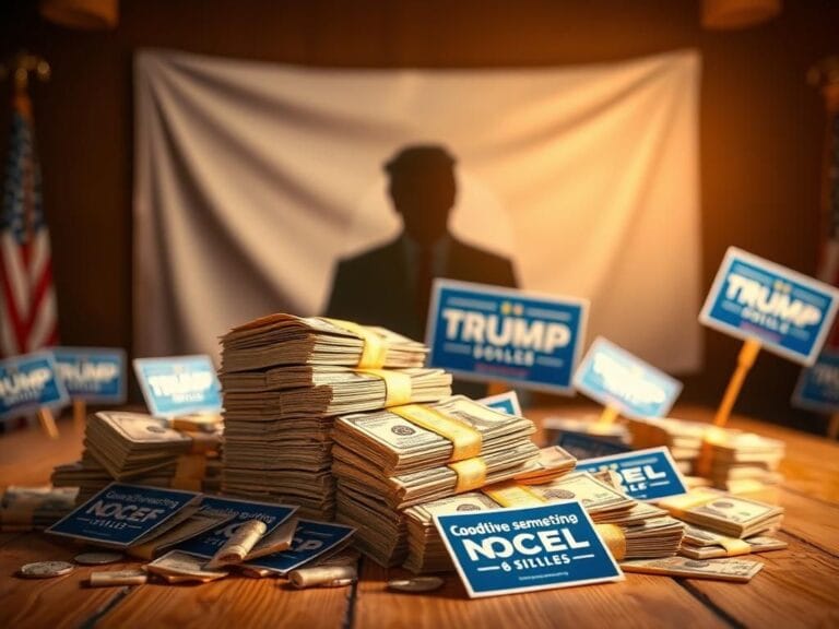 Flick International A dynamic stack of cash and campaign signs representing political fundraising success