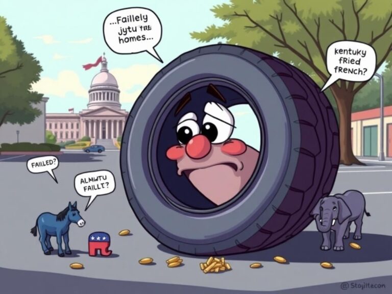 Flick International Cartoon of a large, deflated flat tire with facial features expressing disappointment in a parking lot setting