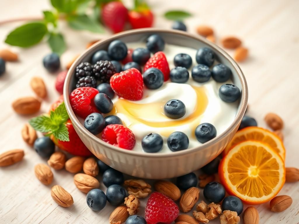 Flick International Bowl of creamy Greek yogurt topped with fresh berries and honey