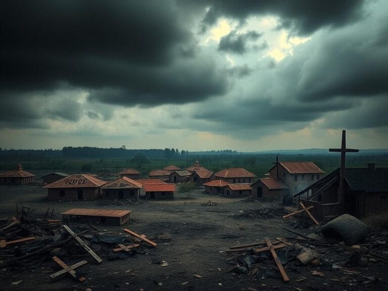 Flick International Desolate Nigerian village with charred remains of buildings, symbolizing destruction and religious violence.