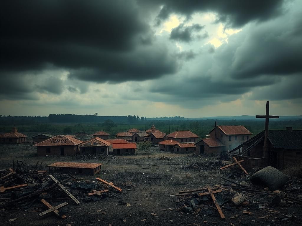 Flick International Desolate Nigerian village with charred remains of buildings, symbolizing destruction and religious violence.