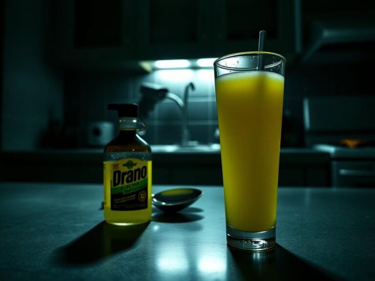 Flick International Close-up of a glass of yellow lemonade next to a suspicious dark bottle of Drano in a dim kitchen