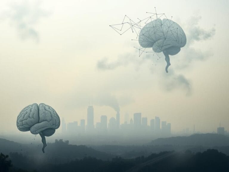 Flick International A surreal city skyline shrouded in smog, representing air pollution's impact on cognitive decline.