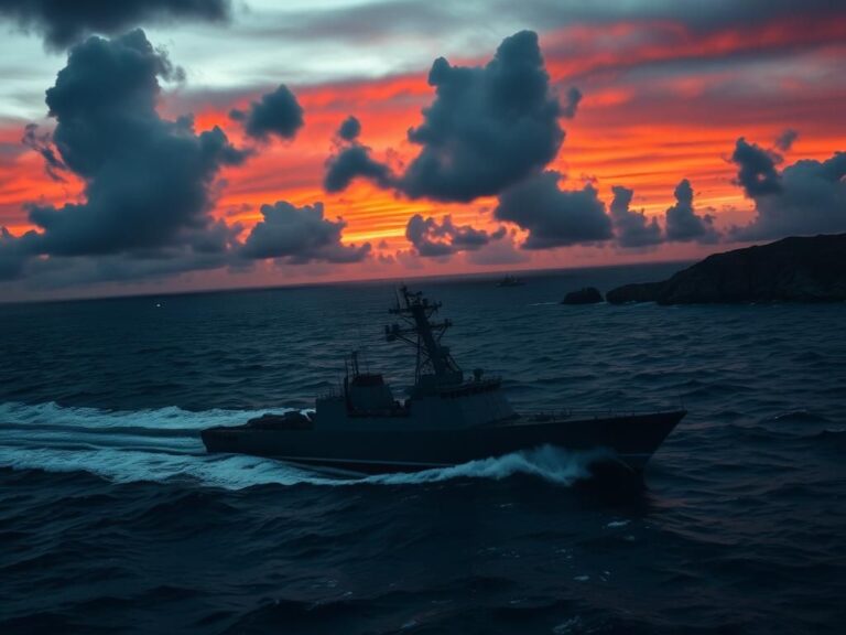 Flick International A dramatic aerial view of a turbulent Caribbean Sea at dusk with a military vessel amidst ominous clouds