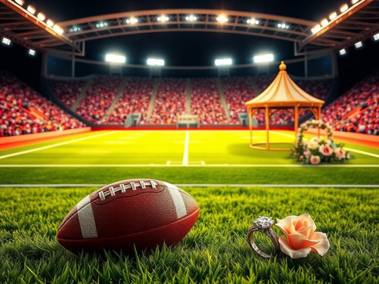 Flick International A vibrant football field with a romantic garden scene under stadium lights