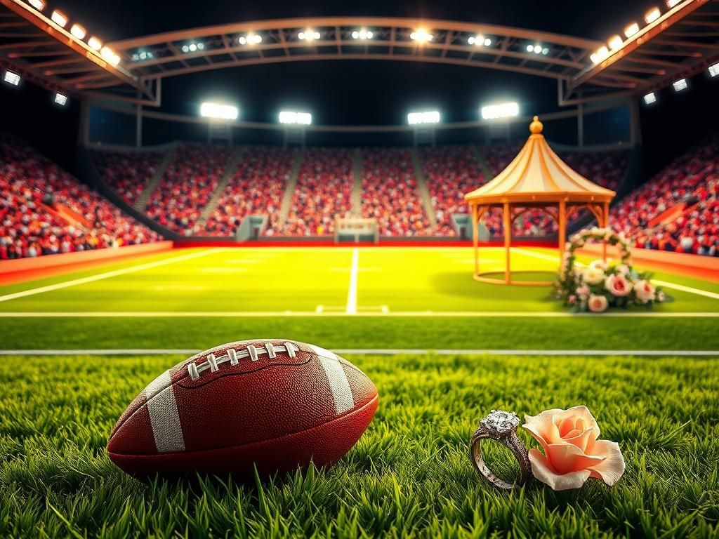 Flick International A vibrant football field with a romantic garden scene under stadium lights