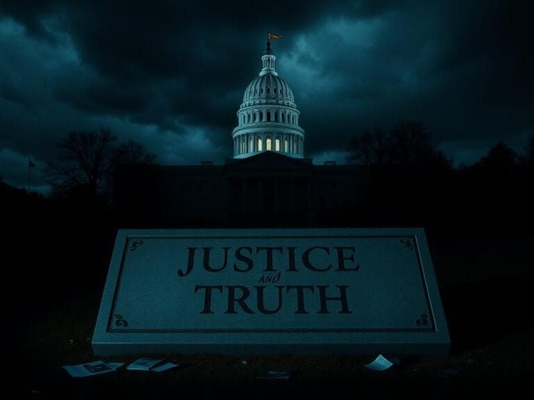 Flick International Dimly lit Virginia state Capitol with storm clouds and a cracked plaque symbolizing justice and truth