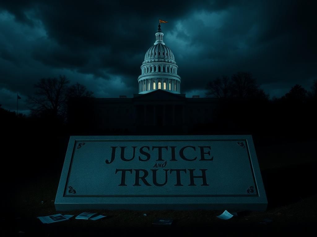 Flick International Dimly lit Virginia state Capitol with storm clouds and a cracked plaque symbolizing justice and truth