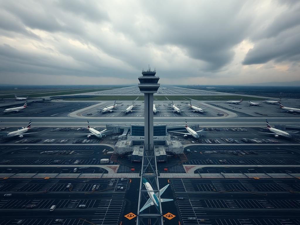 Flick International Aerial view of a busy airport displaying grounded airplanes and a control tower under a cloudy sky