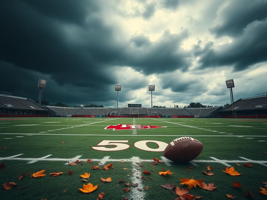 Flick International Empty football field with Kansas City Chiefs logo under dramatic overcast skies