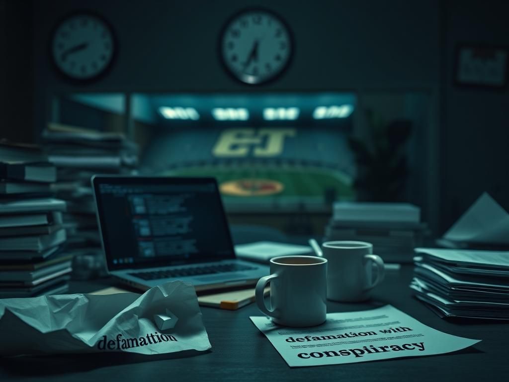 Flick International somber office interior with cluttered desk and legal documents showcasing tension