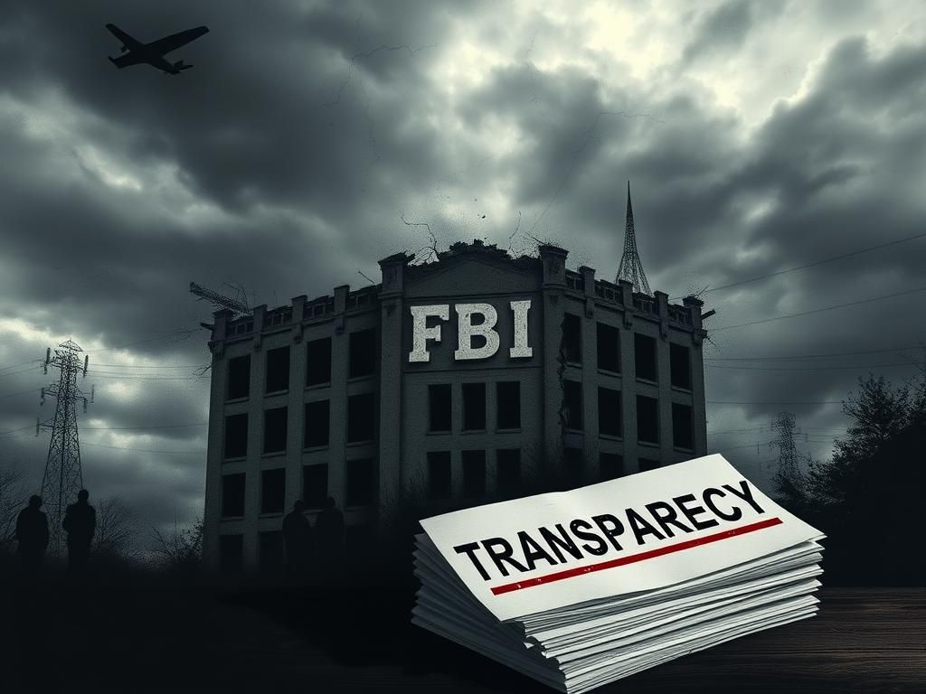 Flick International Abstract representation of a dark, stormy sky over a crumbling building symbolizing FBI scrutiny