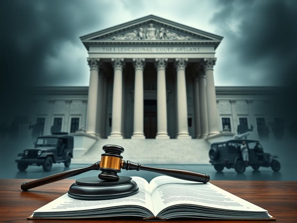 Flick International A somber courtroom scene with a gavel and an open legal document, symbolizing authority and justice amidst ongoing legal battles