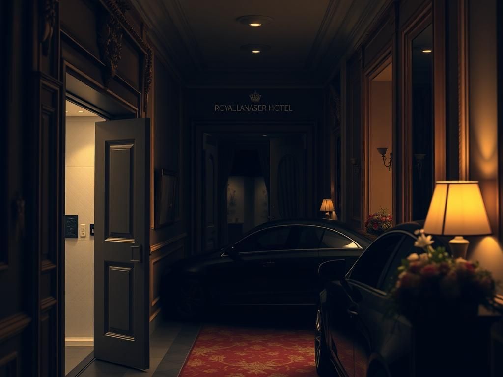 Flick International A dimly lit hotel corridor near the Royal Lancaster Hotel, hinting at a recent stalking incident involving Prince Harry