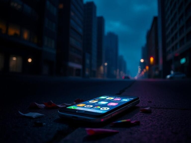 Flick International A smartphone illuminated on the pavement in a dark urban setting