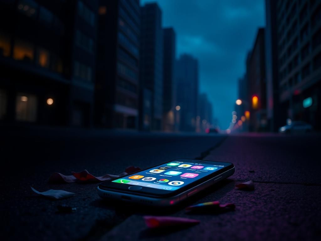 Flick International A smartphone illuminated on the pavement in a dark urban setting