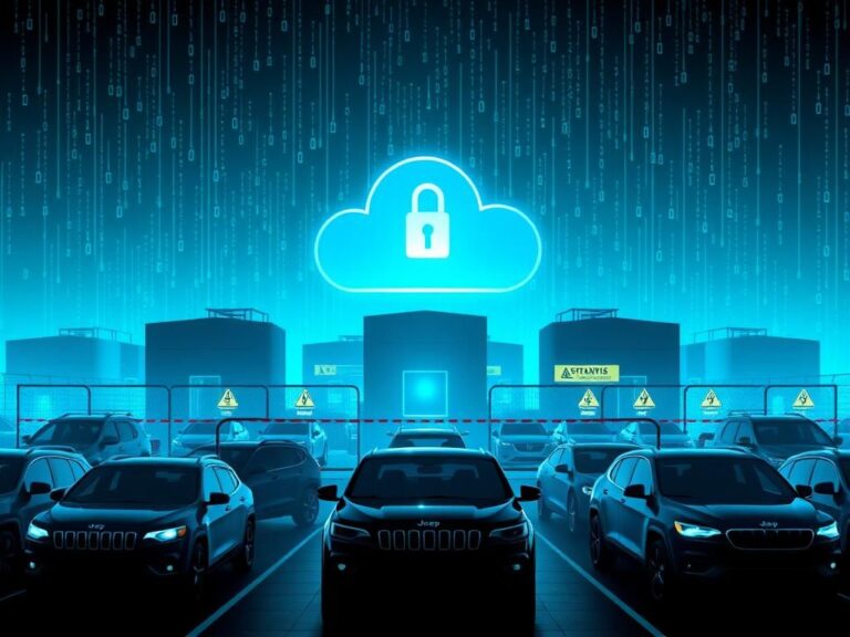 Flick International Cyber landscape depicting Stellantis automotive facility with digital locks and firewalls