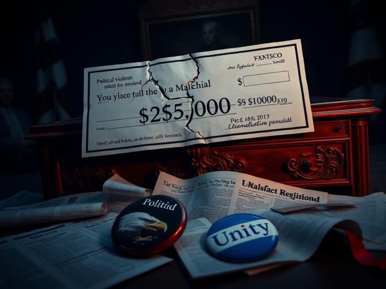 Flick International A cracked campaign donation check for $25,000 on an ornate desk symbolizing political controversy