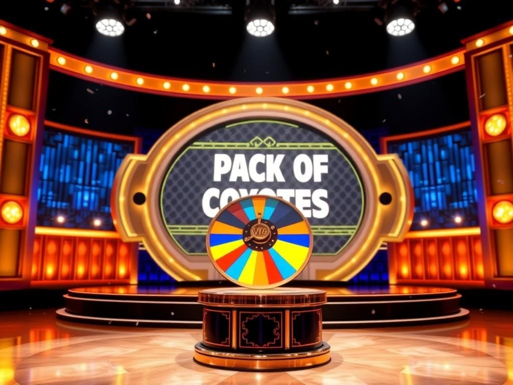 Flick International Elegant game show stage featuring the iconic Wheel of Fortune game wheel with vibrant colors