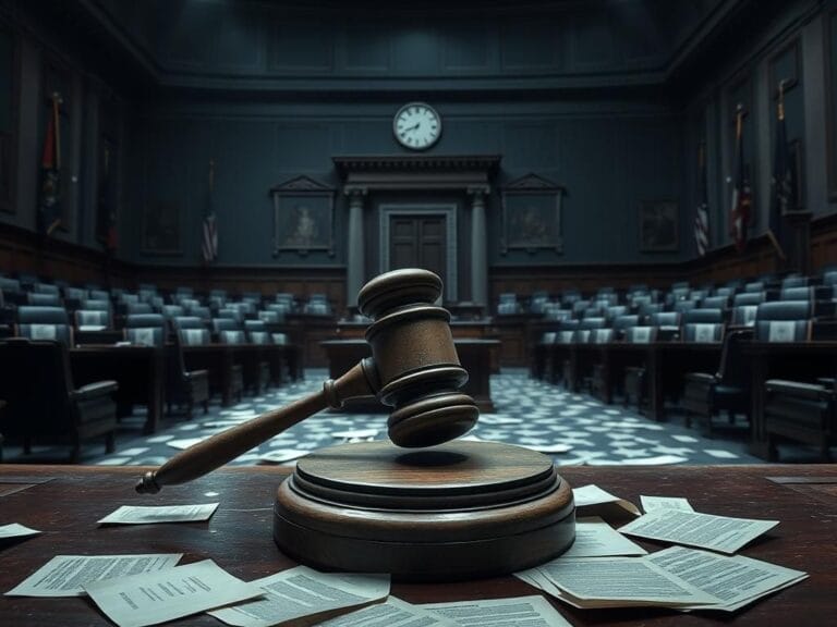 Flick International Dimly lit Senate chamber with empty chairs and a weathered gavel symbolizing government shutdown