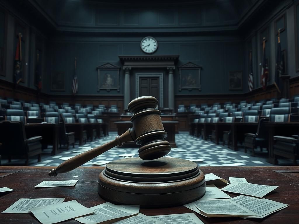 Flick International Dimly lit Senate chamber with empty chairs and a weathered gavel symbolizing government shutdown