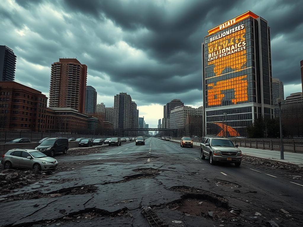 Flick International A stark urban landscape showing crumbling infrastructure next to opulent buildings representing wealth