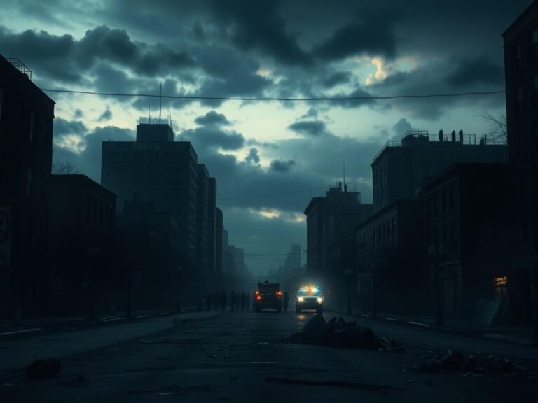 Flick International somber urban scene depicting unrest with barricades and protest remnants at dusk