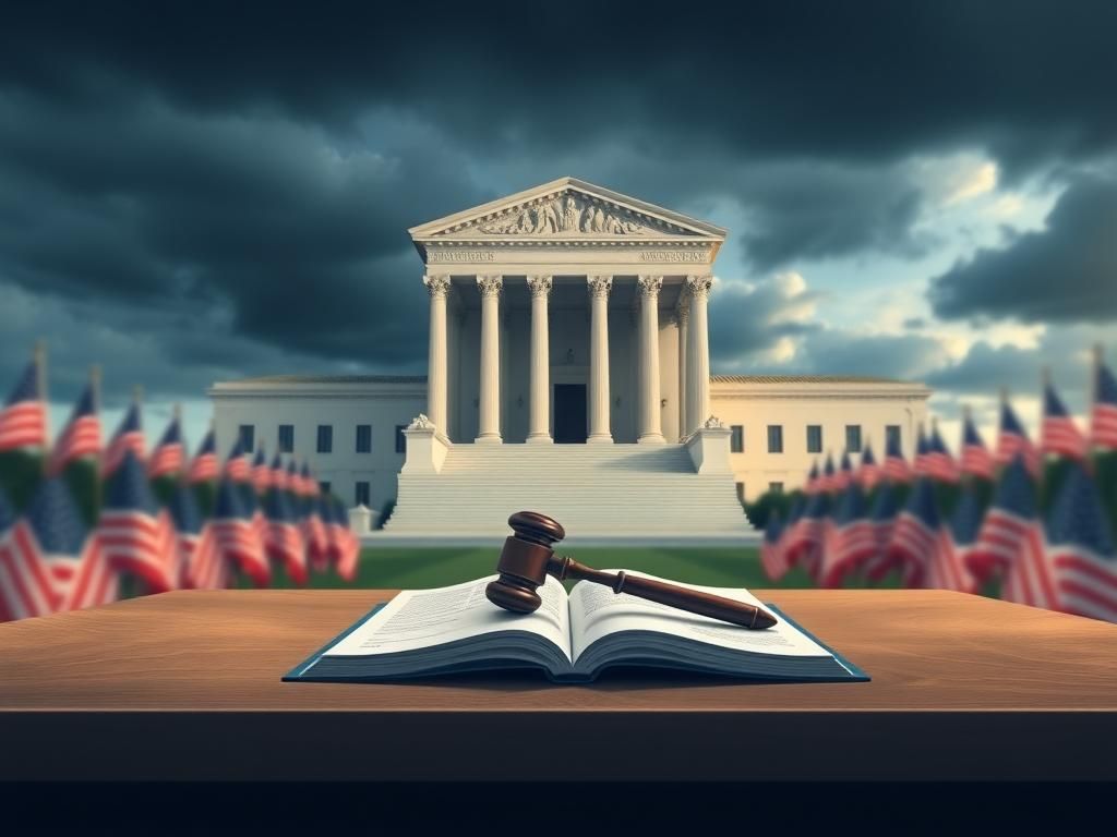 Flick International Conceptual illustration of the U.S. Supreme Court building under a cloudy sky symbolizing judicial reform