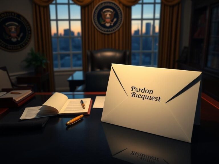 Flick International Dimly lit Oval Office with presidential seal and pardon request envelope