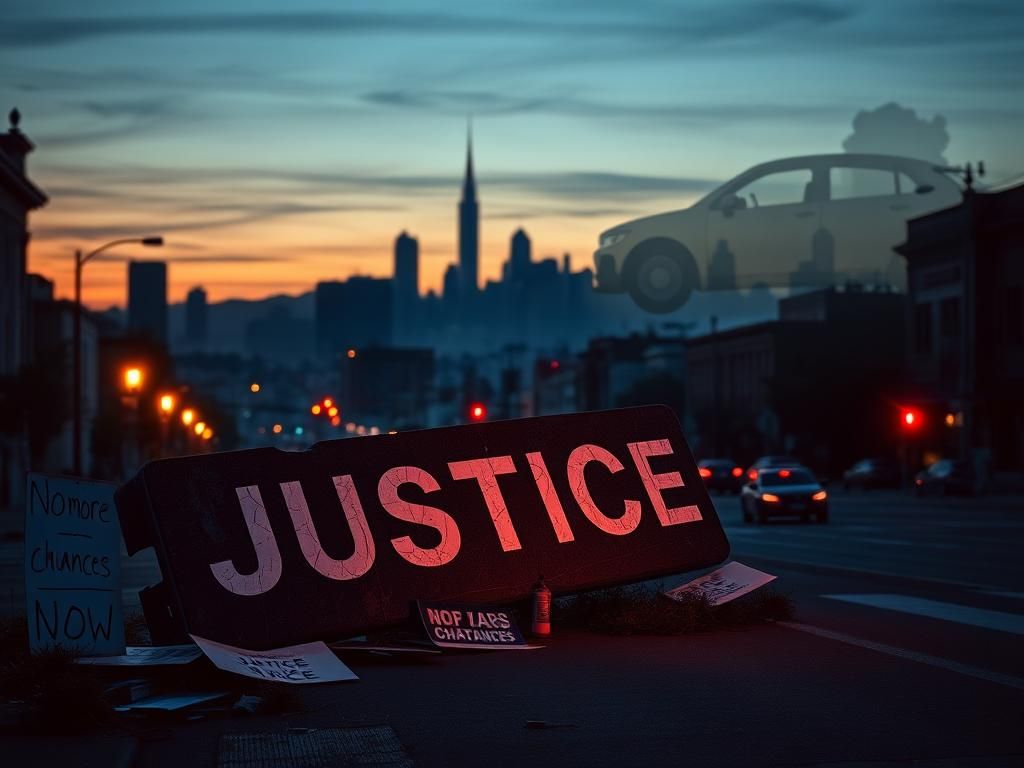 Flick International Dramatic twilight cityscape of San Francisco with overturned Justice sign amid protest signs