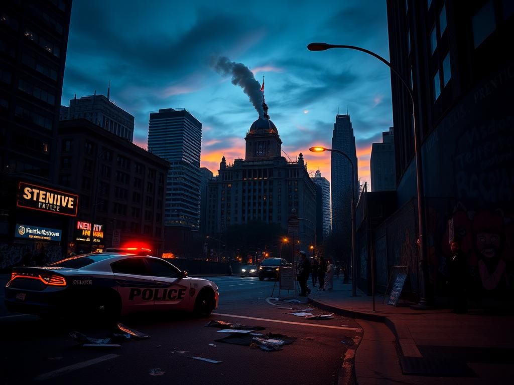 Flick International Police cruiser with flashing lights beside a barricade in Chicago during twilight