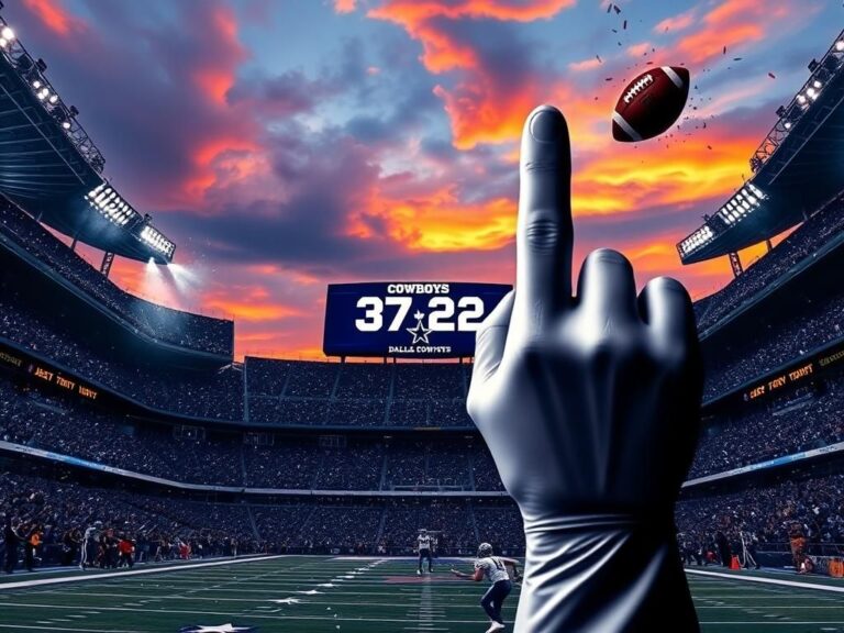 Flick International Vibrant football stadium filled with Dallas Cowboys colors and a scoreboard showing 37-22.