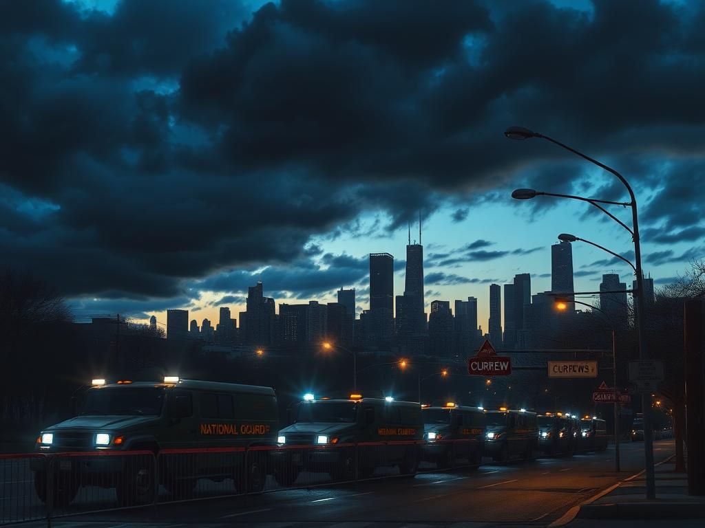 Flick International National Guard vehicles lined up on a barricaded street in Chicago at twilight, with dark storm clouds overhead