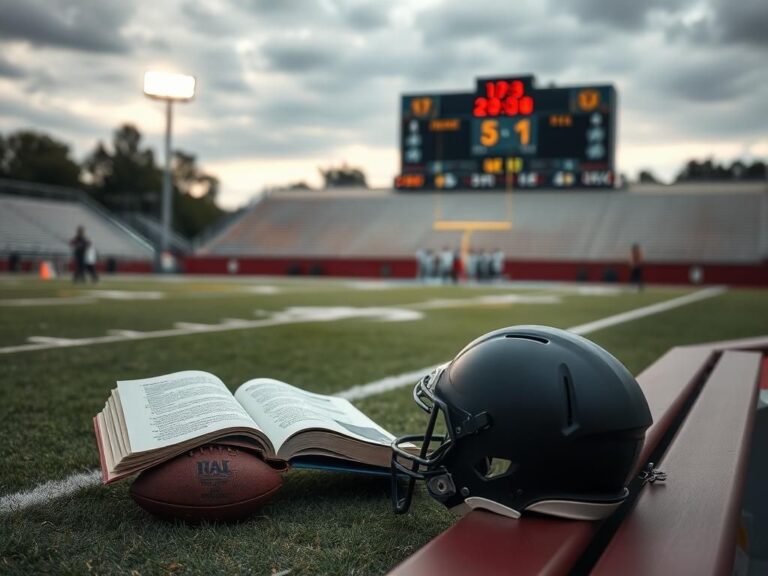 Flick International A football field with an empty quarterback position and a football on a helmet