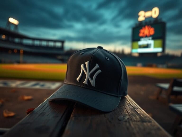 Flick International A well-worn New York Yankees baseball cap resting on a weathered wooden bench under a twilight sky