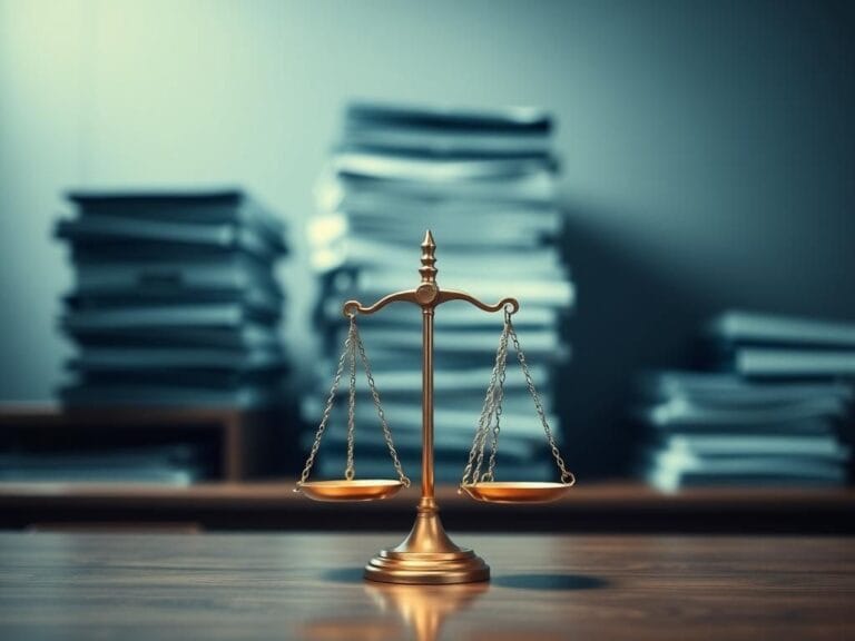 Flick International Abstract depiction of a courtroom scene focusing on the scales of justice