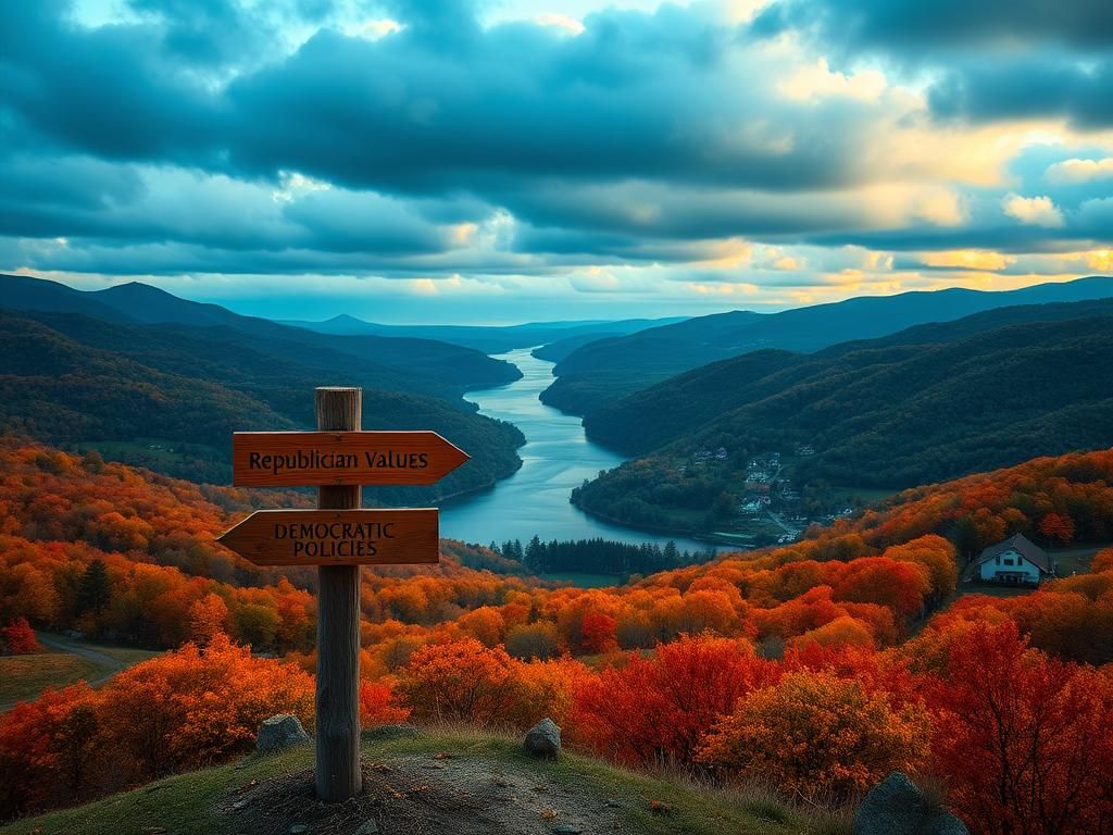 Flick International A picturesque autumn landscape in New Jersey with vibrant fall colors and a rustic signpost depicting political values.