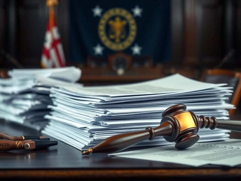 Flick International Close-up of legal documents and a gavel on a dark wooden desk with a courtroom background